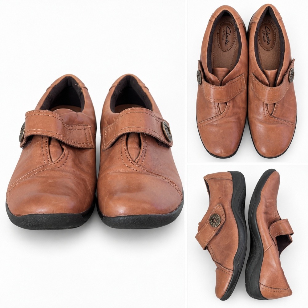 Clarks Artisan Womens Tan Brown Leather Button Strap Loafers Shoes 8.5M